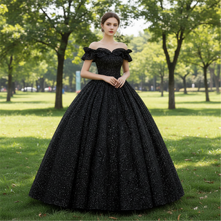 Black Sparky Off Shoulder Ball Gown Floor Length Party Dress In Wedding