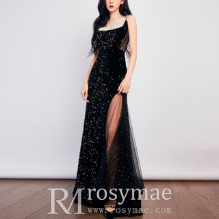 Black Long sparkly Sequined Prom Dress with Spaghetti Straps