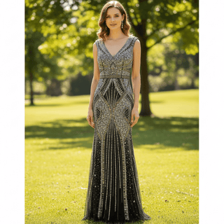 Black Fitted Mermaid Dress with Sparkly Crystals Prom Party Gown - Rosymae