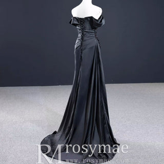 Black High Slit A-Line Beaded Party Gowns Evening Dress - Rosymae