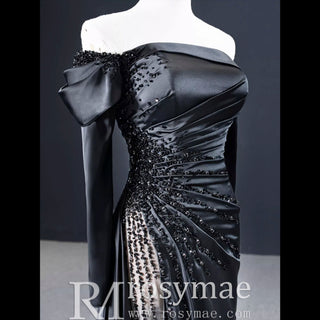 Black High Slit A-Line Beaded Party Gowns Evening Dress - Rosymae
