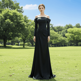 Black High Slit A-Line Beaded Party Gowns Evening Dress - Rosymae