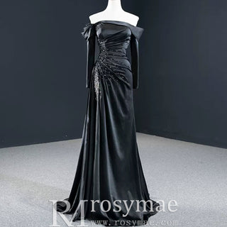 Black High Slit A-Line Beaded Party Gowns Evening Dress - Rosymae