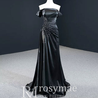 Black High Slit A-Line Beaded Party Gowns Evening Dress - Rosymae
