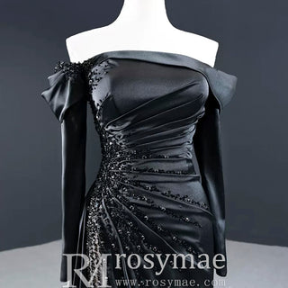 Black High Slit A-Line Beaded Party Gowns Evening Dress - Rosymae