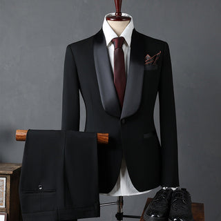Black Korean Style Slim Fit Wedding Groomsman Men's Suit Set - Rosymae