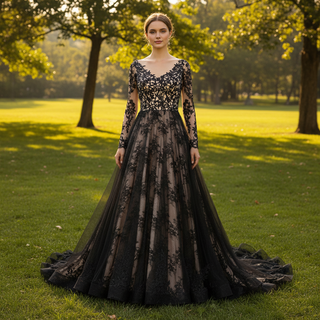 Mix Black Champagne Bride Wedding Dress with Long Sleeve