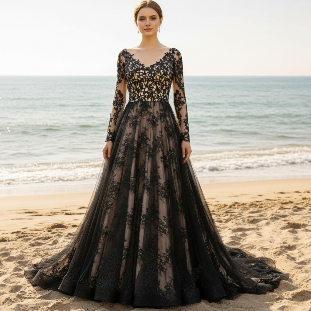 Mix Black Champagne Bride Wedding Dress with Long Sleeve Black and Champagne / 2 Mix Black Champagne Bride Wedding Dress with Long Sleeve Black and Champagne / 2