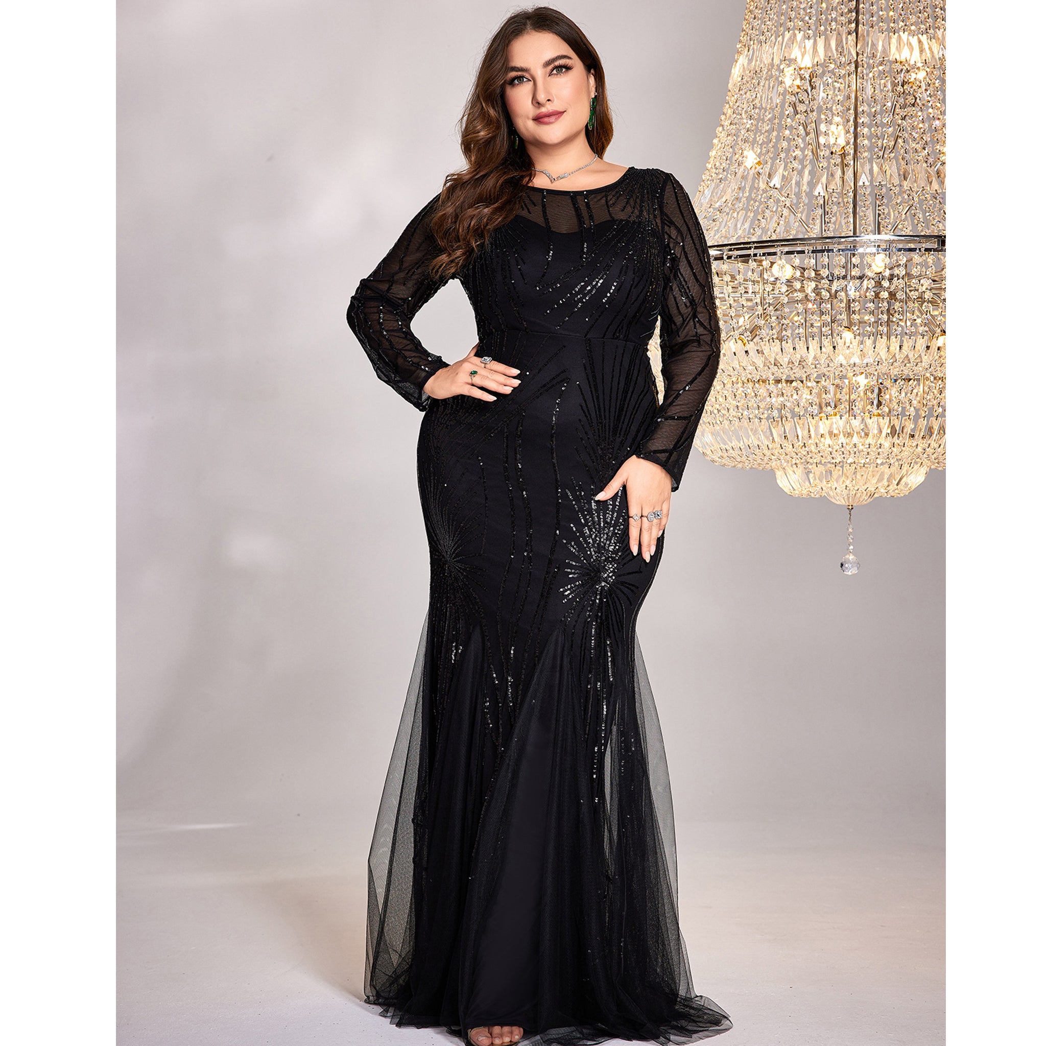 Black Sequins Long Sleeves Formal Evening Dress Plus Prom Dress Wine Crimson / 22W Black Sequins Long Sleeves Formal Evening Dress Plus Prom Dress Wine Crimson / 22W