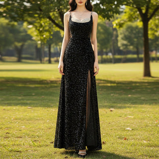 Black Long sparkly Sequined Prom Dress with Spaghetti Straps - Rosymae