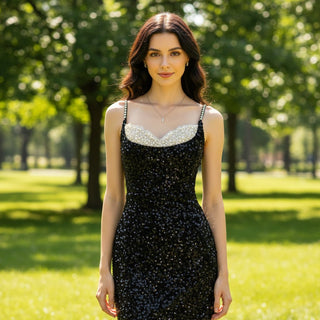 Black Long sparkly Sequined Prom Dress with Spaghetti Straps - Rosymae