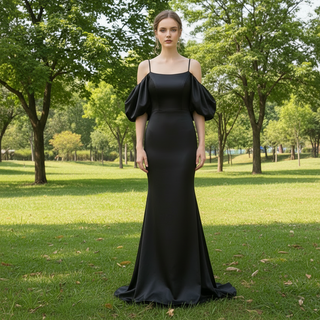 Trendy Backless Black Mermaid Bridesmaid Dress with Off Shoulder