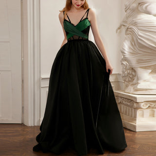 Black with Green Evening Dress Party Gown with Cross Straps