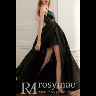 Black with Green Evening Dress Party Gown with Cross Straps