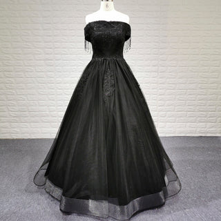Black Off Shoulder Wedding Dress with Tulle Skirt and Beaded Appliqued Bodice - Rosymae