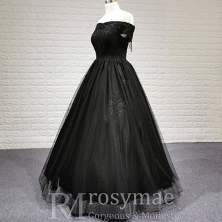 Black Off Shoulder Wedding Dress with Tulle Skirt and Beaded Appliqued Bodice - Rosymae