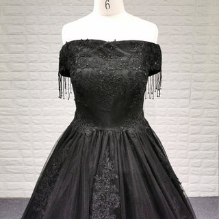 Black Off Shoulder Wedding Dress with Tulle Skirt and Beaded Appliqued Bodice - Rosymae