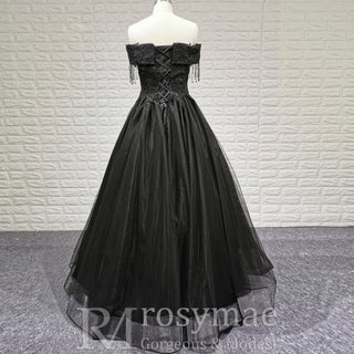 Black Off Shoulder Wedding Dress with Tulle Skirt and Beaded Appliqued Bodice - Rosymae