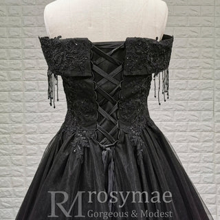 Black Off Shoulder Wedding Dress with Tulle Skirt and Beaded Appliqued Bodice - Rosymae