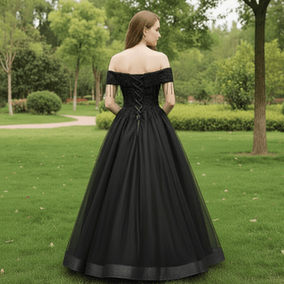Black Off Shoulder Wedding Dress with Tulle Skirt and Beaded Appliqued Bodice - Rosymae
