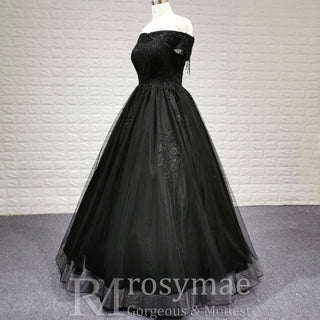 Black Off Shoulder Wedding Dress with Tulle Skirt and Beaded Appliqued Bodice