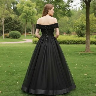 Black Off Shoulder Wedding Dress with Tulle Skirt and Beaded Appliqued Bodice
