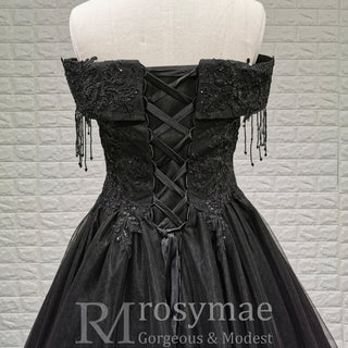 Black Off Shoulder Wedding Dress with Tulle Skirt and Beaded Appliqued Bodice