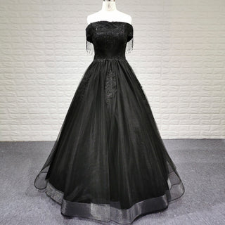 Black Off Shoulder Wedding Dress with Tulle Skirt and Beaded Appliqued Bodice