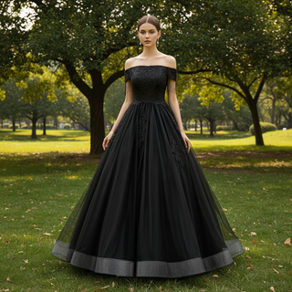 Black Off Shoulder Wedding Dress with Tulle Skirt and Beaded Appliqued Bodice