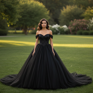 Elegant Black Off Shoulder Gothic Ball Gown Wedding Dress with Beaded Corset Bodice