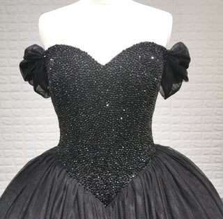 Elegant Black Off Shoulder Gothic Ball Gown Wedding Dress with Beaded Corset Bodice