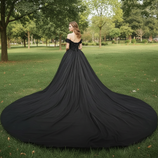 Elegant Black Off Shoulder Gothic Ball Gown Wedding Dress with Beaded Corset Bodice
