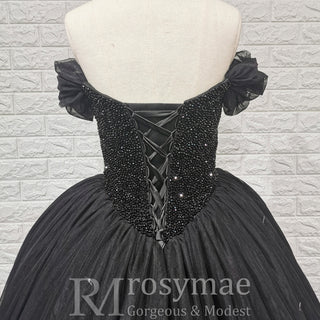 Elegant Black Off Shoulder Gothic Ball Gown Wedding Dress with Beaded Corset Bodice