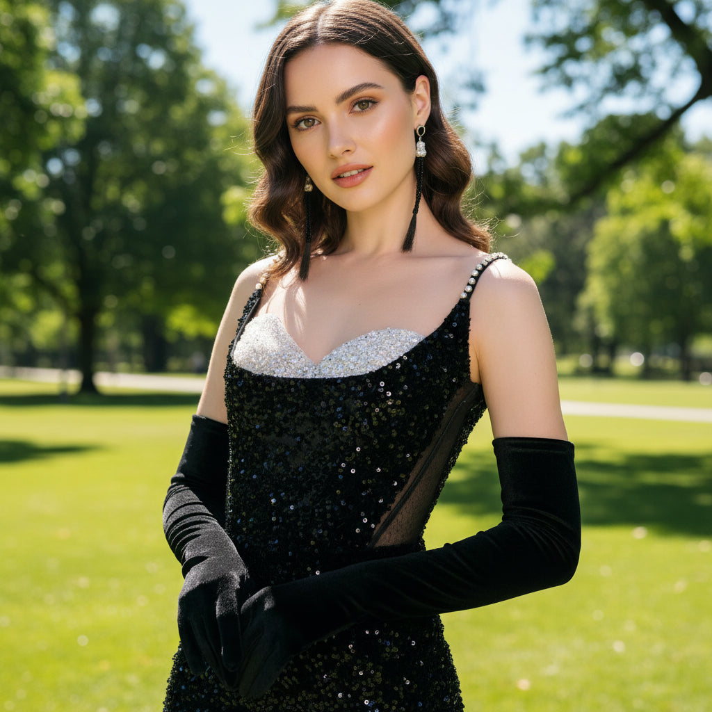 black prom dress with gloves Black Long sparkly Sequined Prom Dress with Spaghetti Straps Black / 0