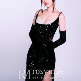 Black Long sparkly Sequined Prom Dress with Spaghetti Straps