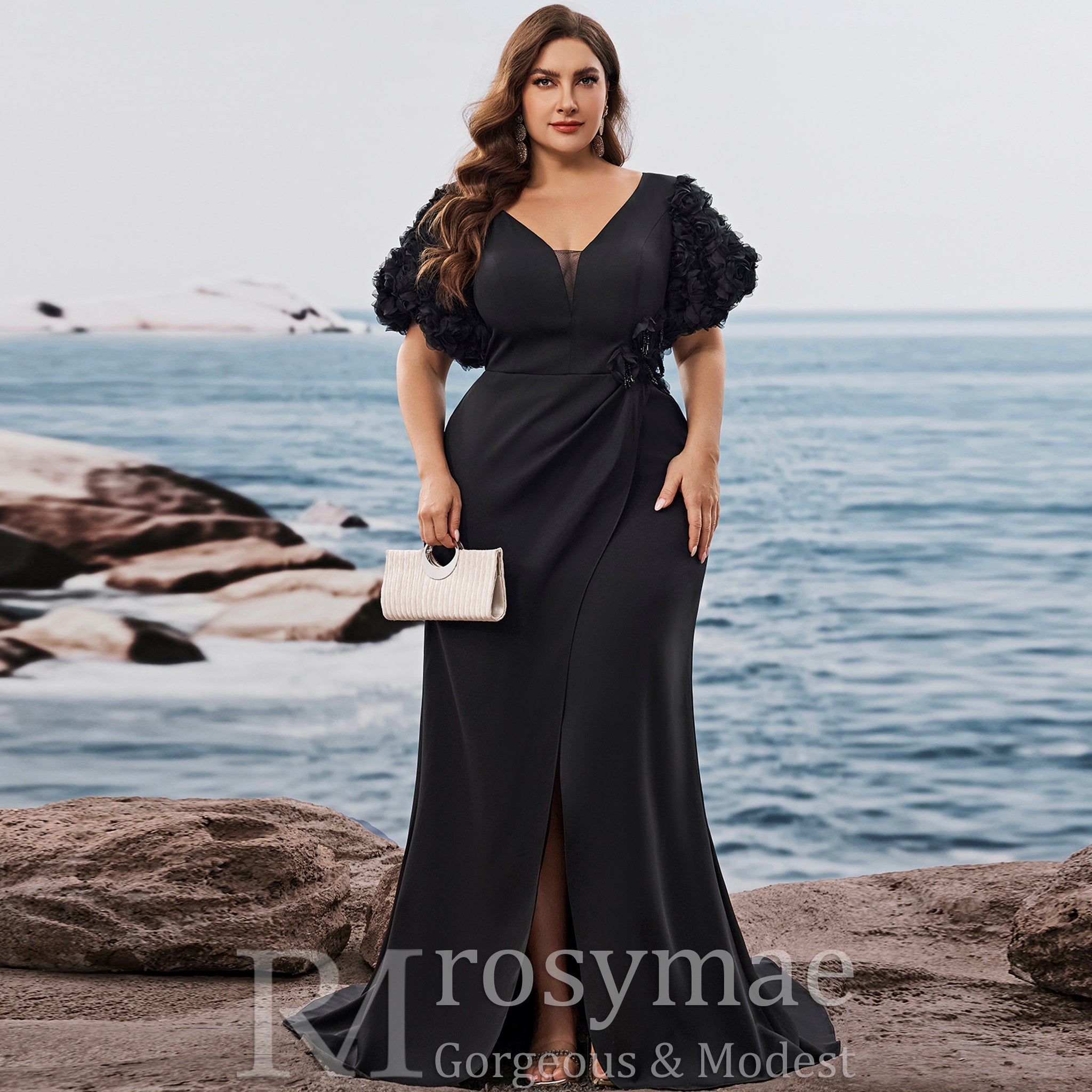 Black Plus Size Evening Dress with V-neck Floral Puff Sleeves with Hig – Rosymae
