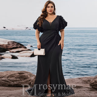 Black Plus Size Evening Dress with V-neck Floral Puff Sleeves with High Slit - Rosymae