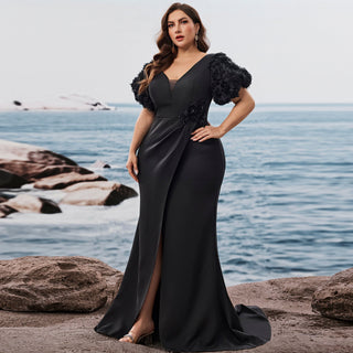 Black Plus Size Evening Dress with V-neck Floral Puff Sleeves with Hig – Rosymae