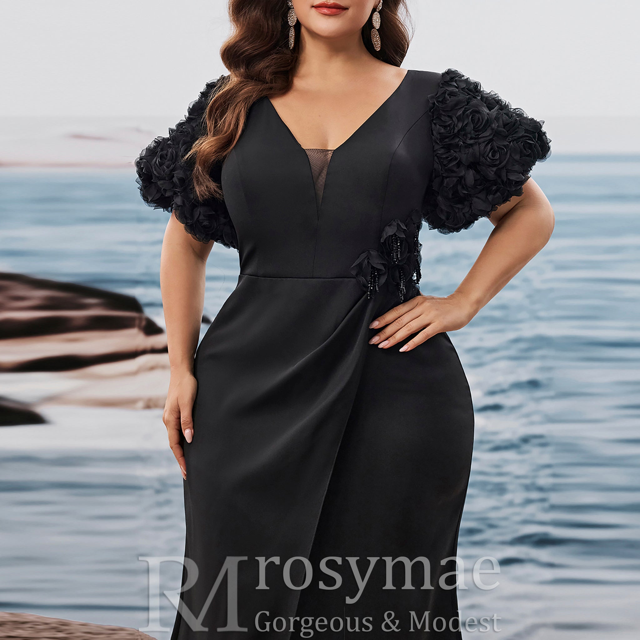 Black Plus Size Evening Dress with V-neck Floral Puff Sleeves with High Slit Black / 4XL Black Plus Size Evening Dress with V-neck Floral Puff Sleeves with High Slit Black / 4XL