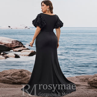 Black Plus Size Evening Dress with V-neck Floral Puff Sleeves with High Slit