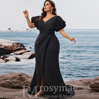 Black Plus Size Evening Dress with V-neck Floral Puff Sleeves with High Slit
