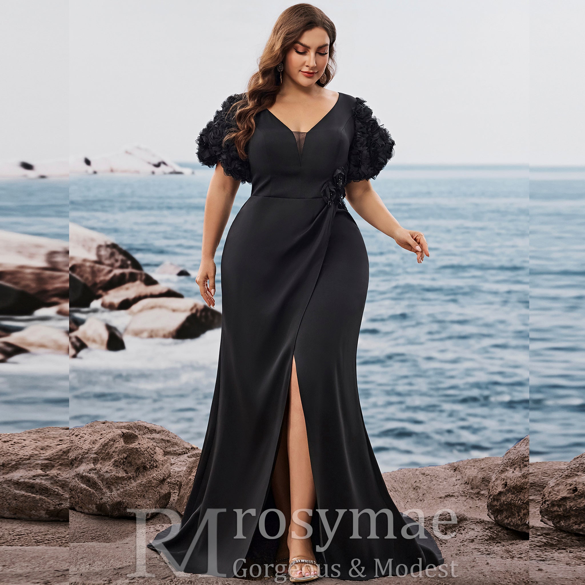 Black Plus Size Evening Dress with V-neck Floral Puff Sleeves with High Slit Black / 4XL Black Plus Size Evening Dress with V-neck Floral Puff Sleeves with High Slit Black / 4XL