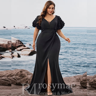 Black Plus Size Evening Dress with V-neck Floral Puff Sleeves with High Slit