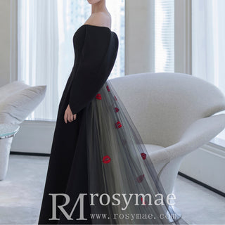 Unique Design Black Formal Gown Evening Party Dress with Puffy Sleeve