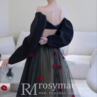 Unique Design Black Formal Gown Evening Party Dress with Puffy Sleeve