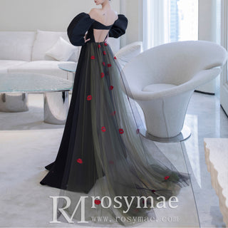 Unique Design Black Formal Gown Evening Party Dress with Puffy Sleeve