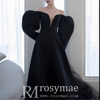 Unique Design Black Formal Gown Evening Party Dress with Puffy Sleeve