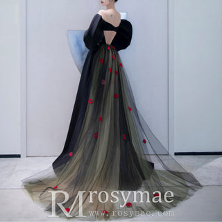 Unique Design Black Formal Gown Evening Party Dress with Puffy Sleeve