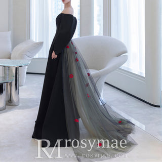 Unique Design Black Formal Gown Evening Party Dress with Puffy Sleeve