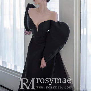 Unique Design Black Formal Gown Evening Party Dress with Puffy Sleeve